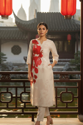 Beige Linen Botanical Print Kurta Set